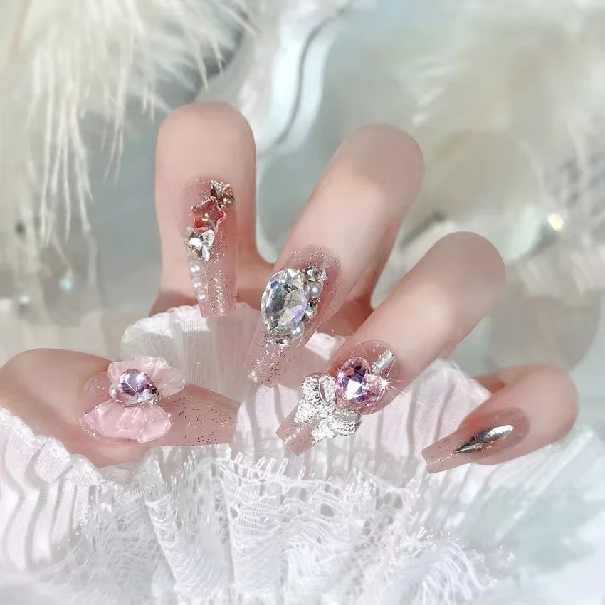 Luxury 24Pcs Butterfly Flower Press-On Nails with Rhinestones - Removable Full Cover Acrylic Fake Nails with Glue