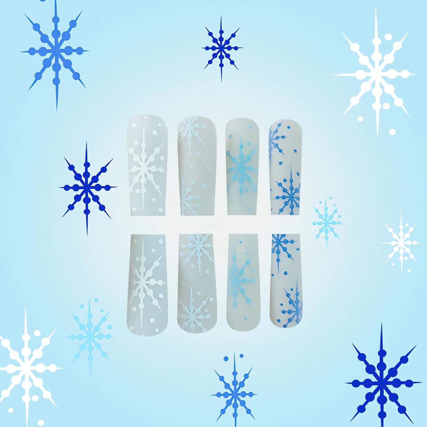Stunning Blue Snowflake Christmas Press-On Nails - Long Square Matte Coffin Design, 24Pcs Full Cover Acrylic for Festive Manicures