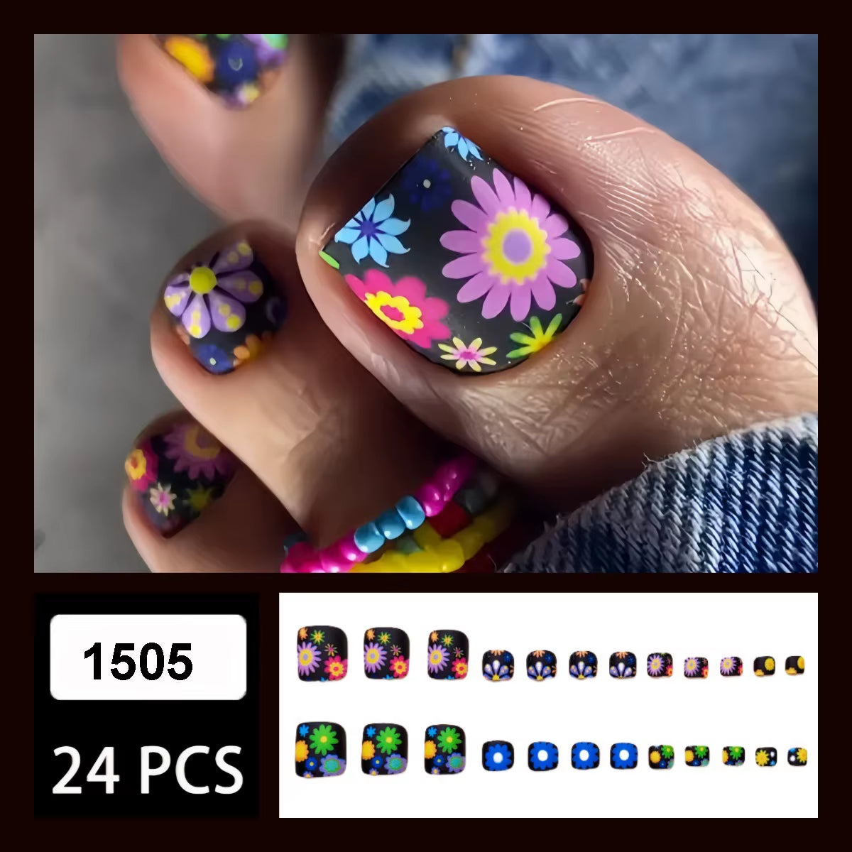 24Pcs Colorful Floral Press-On Nails Set with Glitter & Rhinestones - Summer Short Square Teo Nail Art Kit