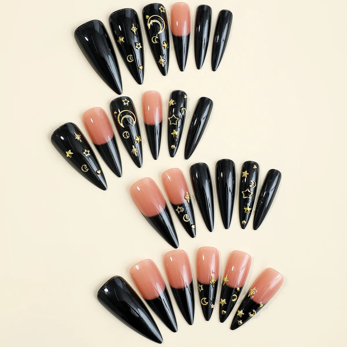 Glamorous 24Pc Halloween Almond Press-On Nails - Sharp French Ballerina Design with Diamond Accents