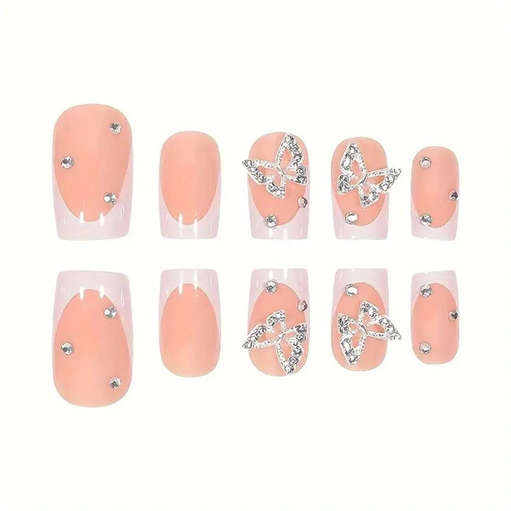 Charming Short Press-On Butterfly French Acrylic Nails - 24 Pcs Cute Square Stick-On Manicure for Women