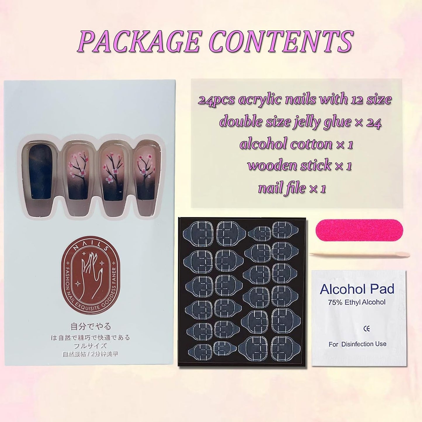 Gorgeous Medium Square Black Press-On Nails with Pink Flowers - 24 Pcs Glossy Full Cover Acrylic Stick-Ons for Women & Girls - Perfect Winter Nail Art!