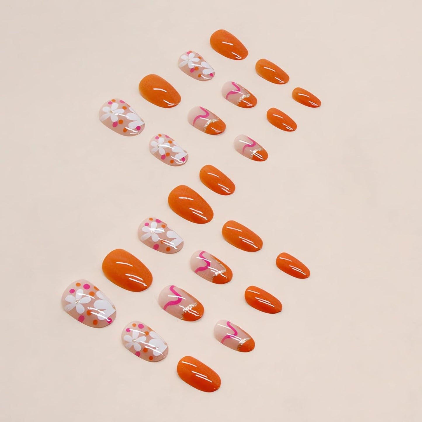 Cute Flower Press-On Nails - 24Pcs Glossy Orange Short Almond Fake Nails for Spring & Summer Nail Art