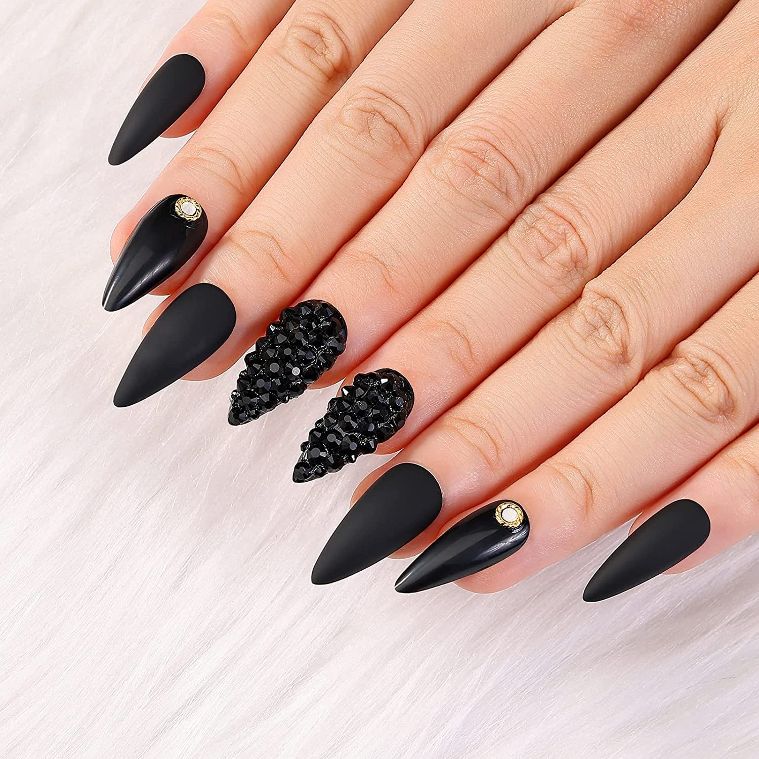 Glamorous 24Pcs Press-On Nails Set - Black Medium Long Almond Stiletto with Matte & Glossy Finish, Includes 3D Rhinestones & Gold Nail Studs for Stunning Manicures!