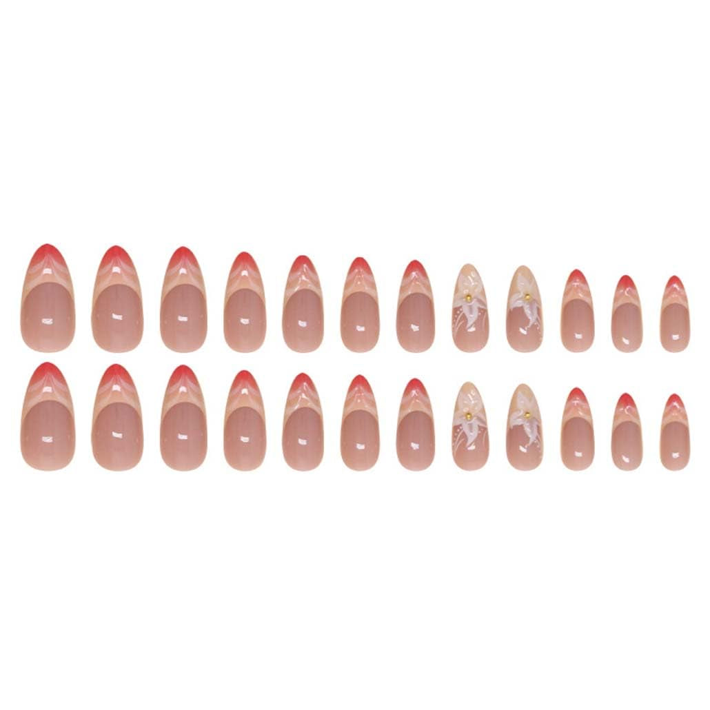 Gorgeous Almond French Tip Press-On Nails - 24Pcs Medium Acrylic with 3D Flower Design, Perfect Nude Finish!