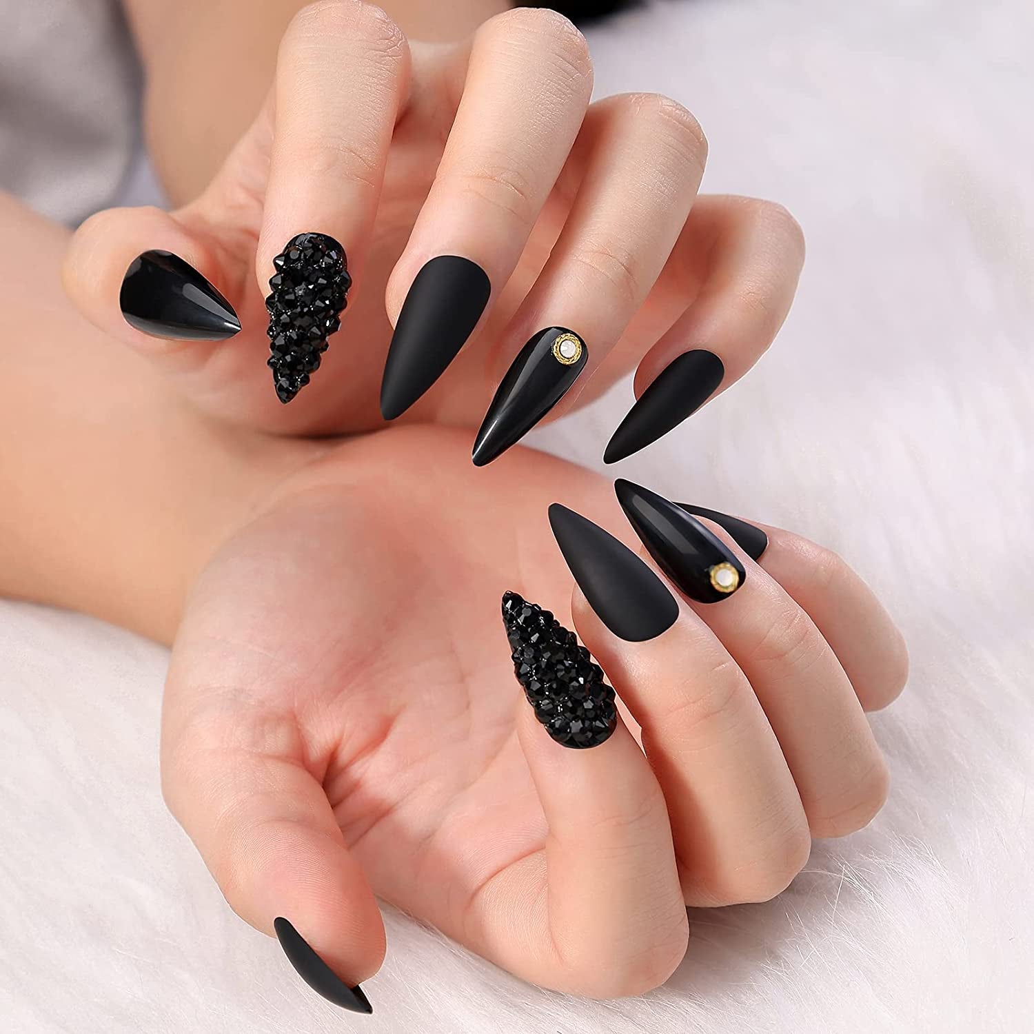 Glamorous 24Pcs Press-On Nails Set - Black Medium Long Almond Stiletto with Matte & Glossy Finish, Includes 3D Rhinestones & Gold Nail Studs for Stunning Manicures!