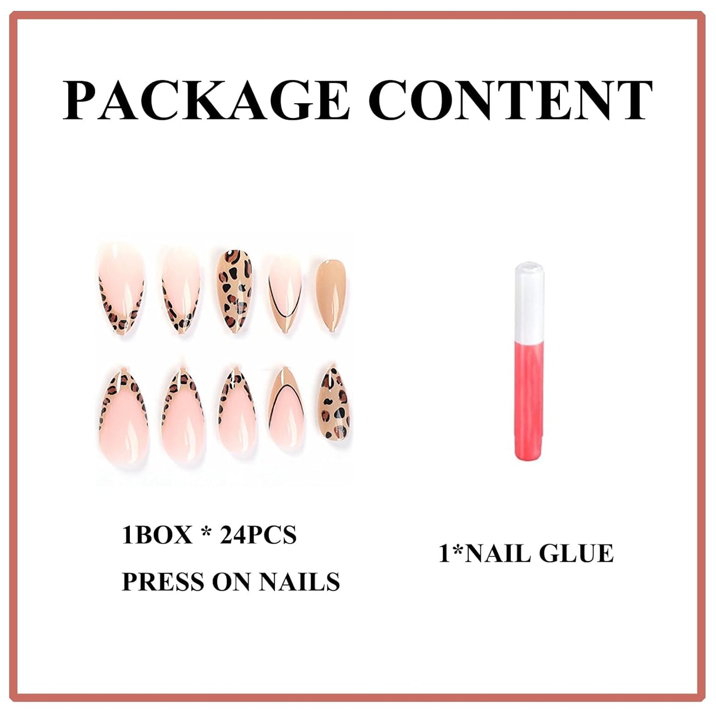 Glamorous Almond Press-On Nails - Medium Light Brown French Tip with Leopard Design - 24 Pcs Stiletto Fall Cheetah Acrylic Glossy Glue-Ons