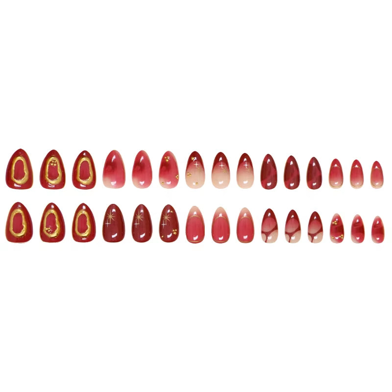 24Pcs Deep Red Baroque Starry Press-On Almond Nails - Stylish & Wearable Fake Nails for Women