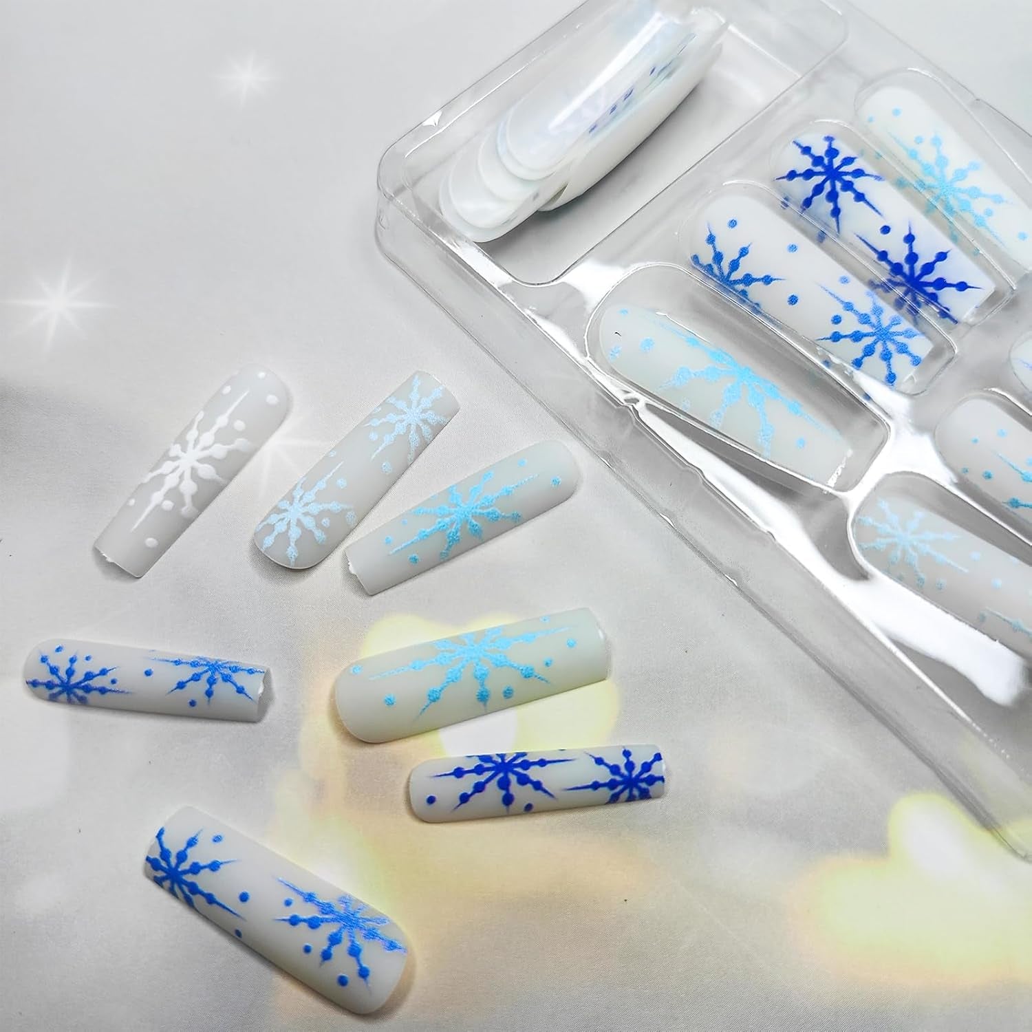 Stunning Blue Snowflake Christmas Press-On Nails - Long Square Matte Coffin Design, 24Pcs Full Cover Acrylic for Festive Manicures