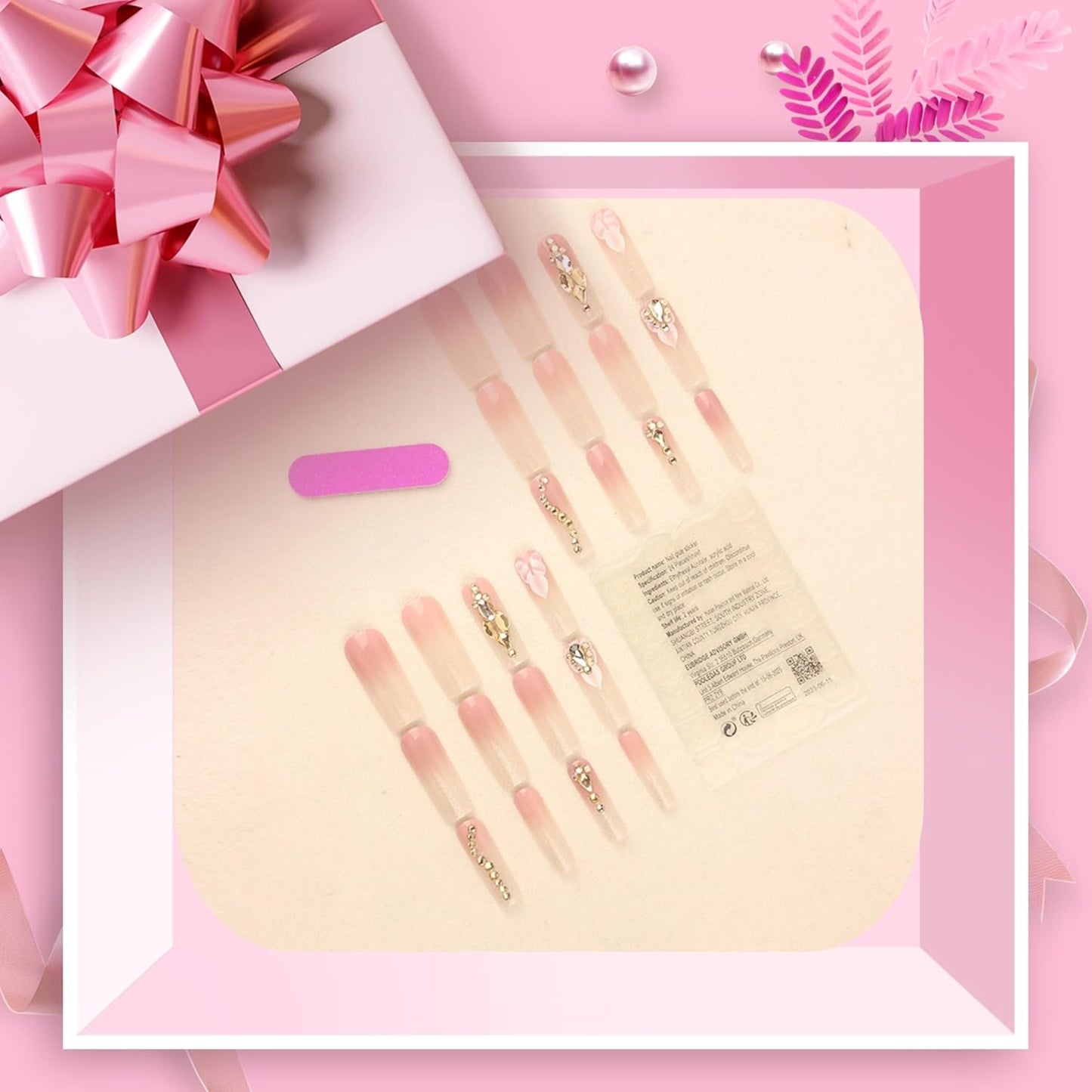 Glamorous Khaki Press-On Square Nails with Floral and Rhinestone Accents - Perfect for Prom, Parties, and Holidays! Ideal Gift for Women!