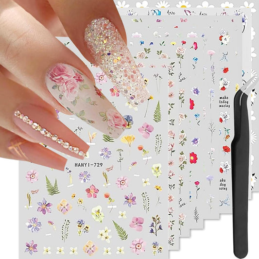9 Sheets Spring Flower Nail Art Stickers Decals Colorful Summer Floral Nail Supplies Accessories Self-Adhesive Nail Art Design Decoration Pegatinas Uñas for Women