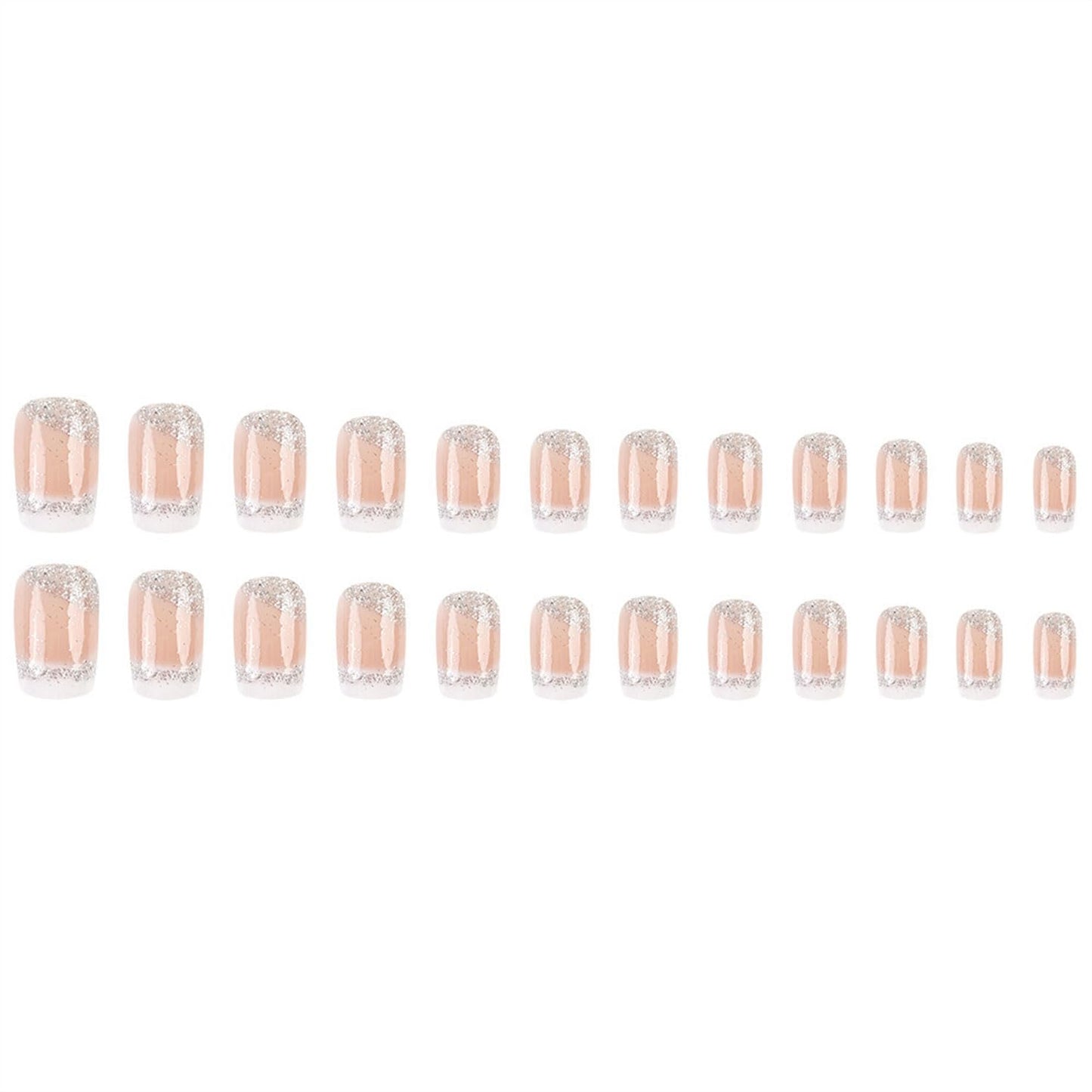 Glamorous Medium Press-On Nails - 24 Pcs Square French Tip Design with Silver Glitter & White Ombre - Glossy Nude Acrylic Stick-Ons for Effortless Elegance