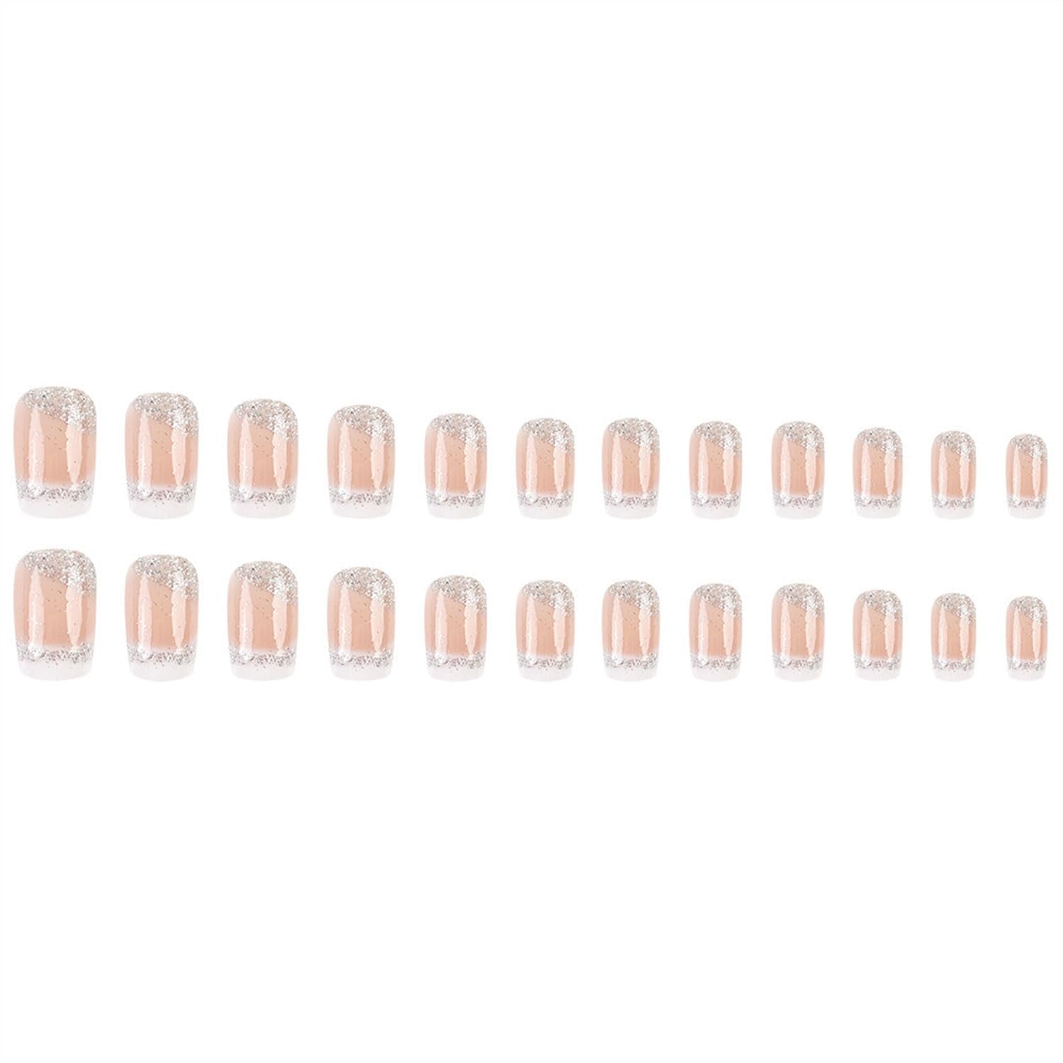 Glamorous Medium Press-On Nails - 24 Pcs Square French Tip Design with Silver Glitter & White Ombre - Glossy Nude Acrylic Stick-Ons for Effortless Elegance
