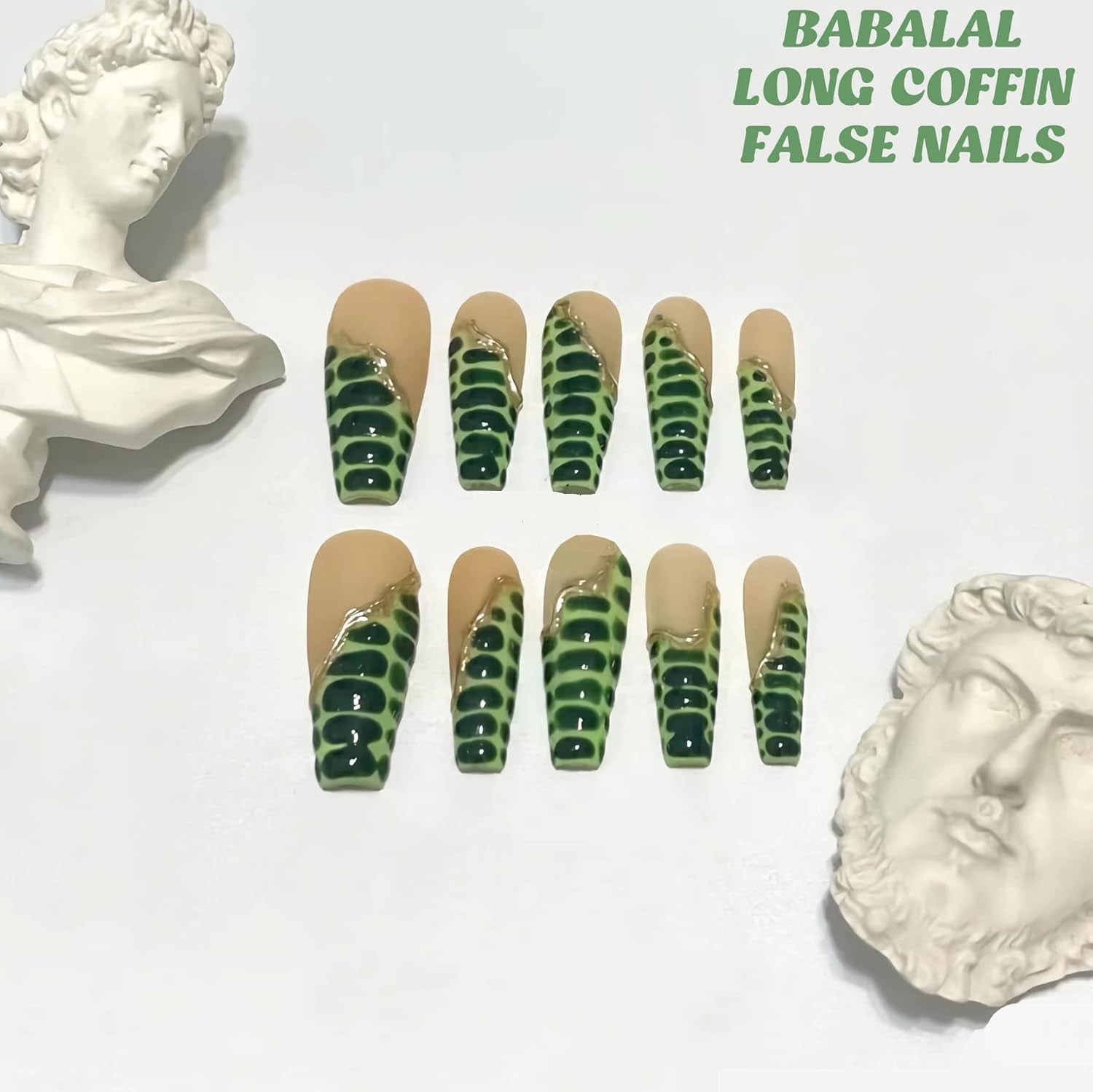 Glamorous Green French Tip Coffin Press-On Nails - 24Pcs Ballerina Acrylics with Chic Crocodile Pattern for Women and Girls