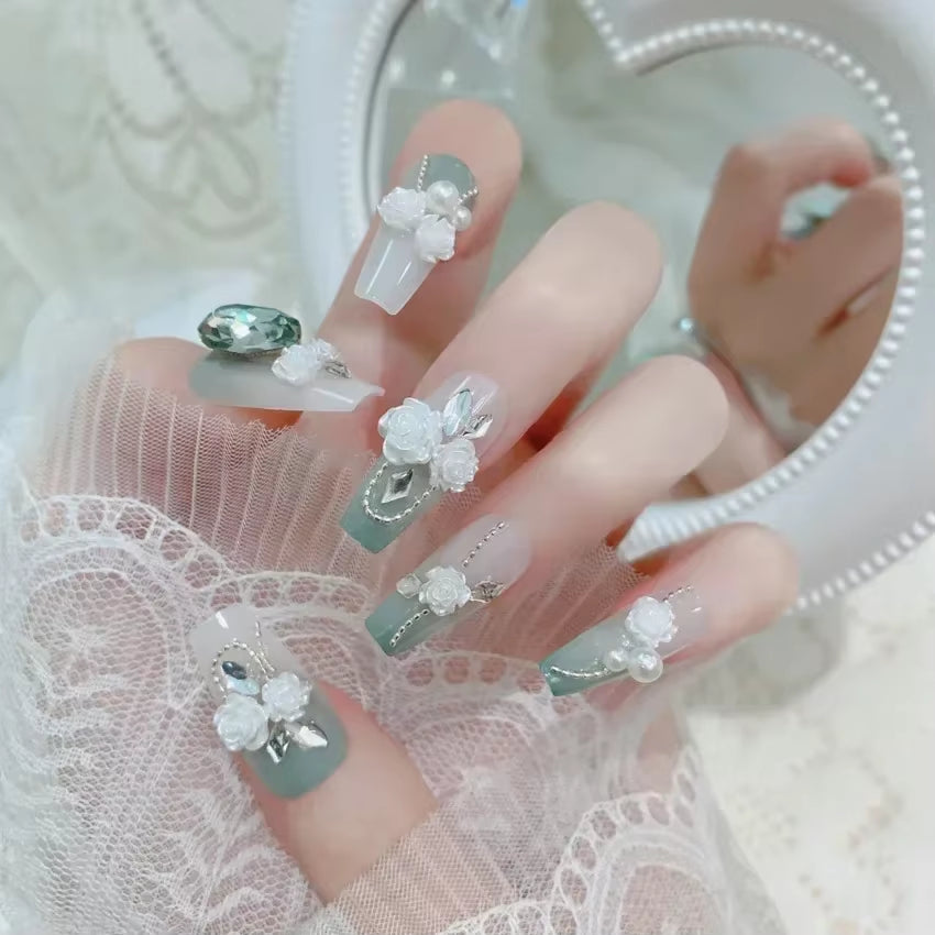 Luxury 24Pcs Butterfly Flower Press-On Nails with Rhinestones - Removable Full Cover Acrylic Fake Nails with Glue
