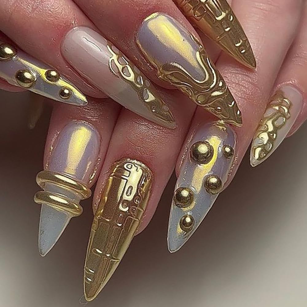 12 Grids of Gold & Silver 3D Half Round Nail Charms - Metal Caviar Beads for Stunning Nail Art Designs