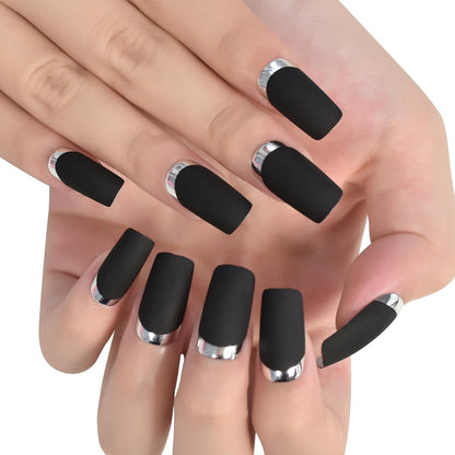 Chic Matte Black & Silver Metallic French Press On Nails - Medium Length Square Reusable Acrylic Manicure for Women & Girls (24 Pcs) Perfect for Daily Wear, Office, and Parties