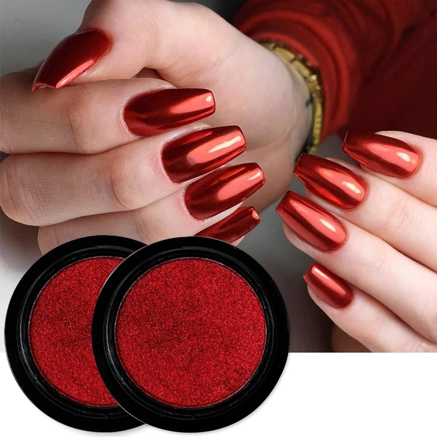 Transform Your Nails with 2 Boxes of Red Chrome Nail Powder - Holographic Metallic Mirror Effect Glitter for Stunning Manicure Designs!