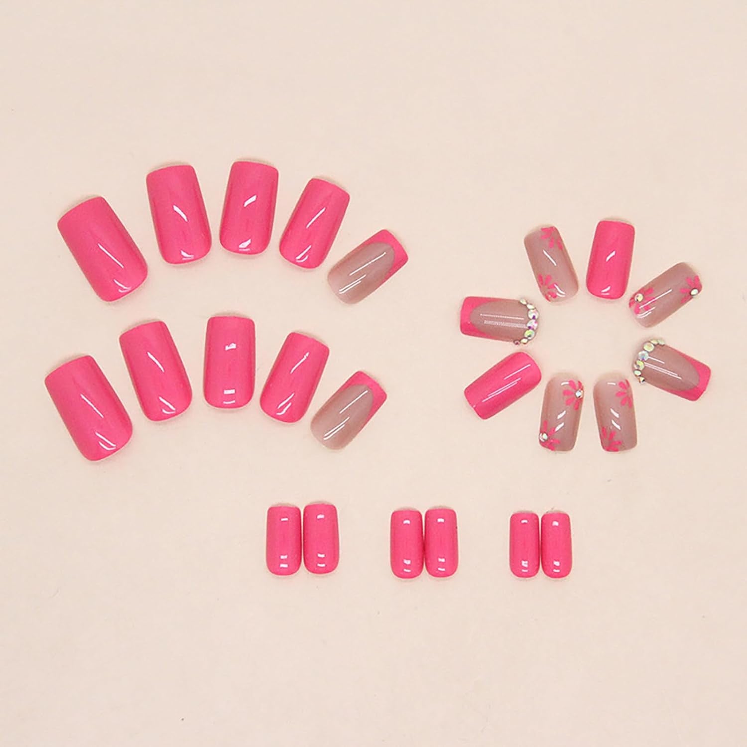 Glamorous Pink Flower Square Press-On Nails with Rhinestones - 24 Pcs Glossy Full Cover Stick-On Nails for Effortless Elegance