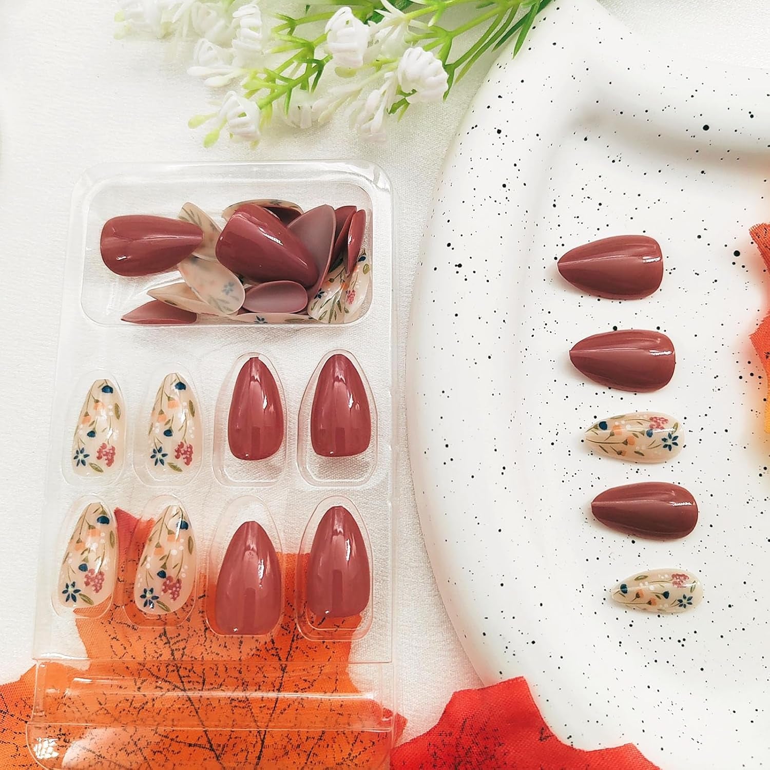 Autumn Floral Press-On Nails - Short Almond Shape, 30 Pcs Brown Full Cover Acrylic Stick-Ons for Women & Girls