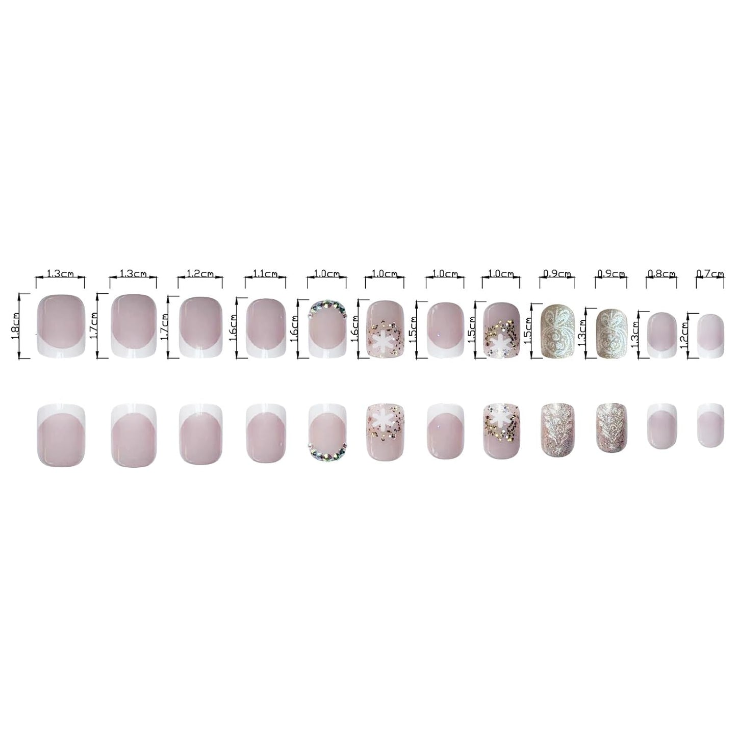 Festive Snowflake 3D Rhinestone Press-On Nails - Short Square Acrylic Christmas Nails with Glitter Sequins & White French Tips - 24 Pcs Full Cover Set for Women