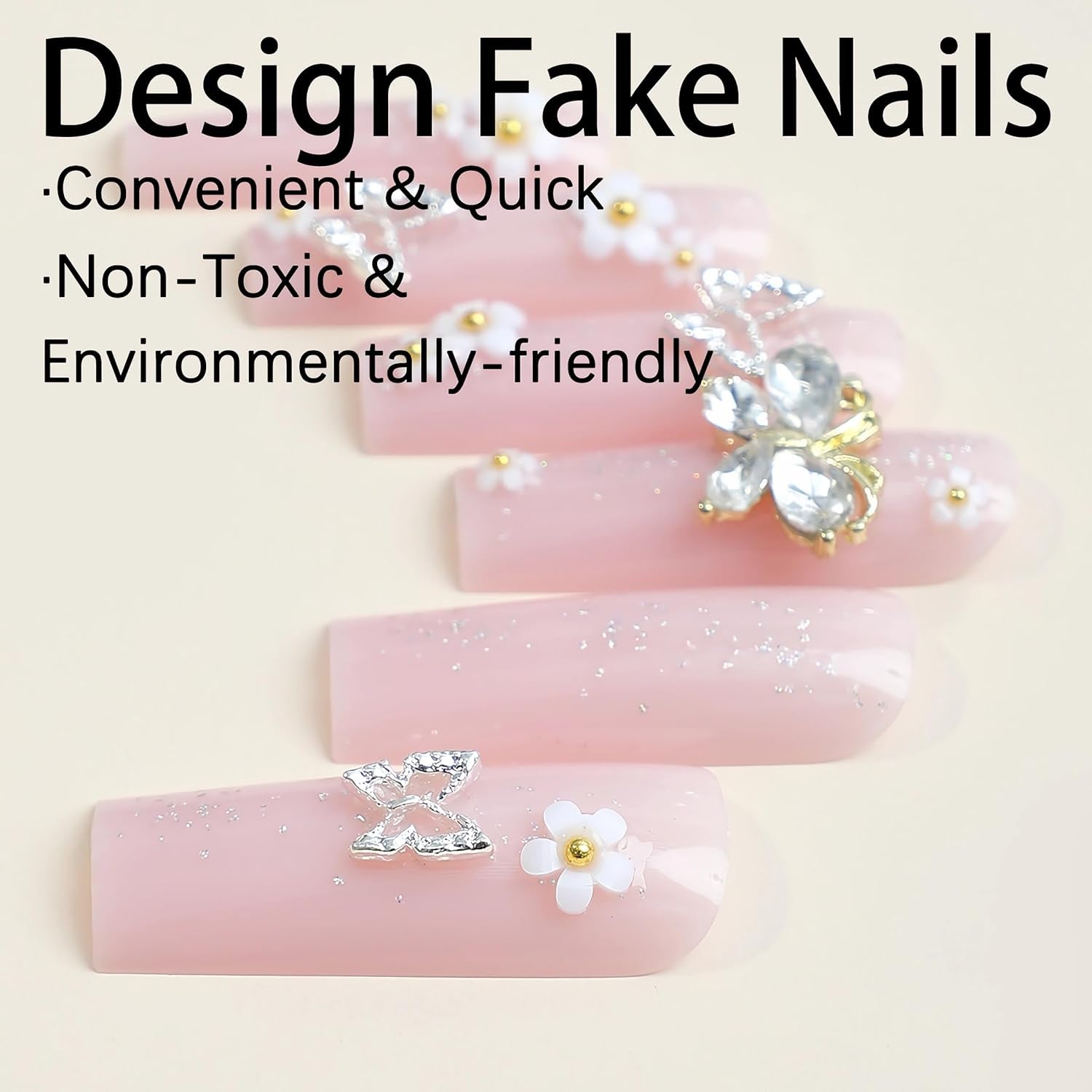 Glamorous Long Pink Square Press-On Nails with 3D Butterfly Flower Charms - 24Pcs Glitter Acrylic Squoval Manicure for Women & Girls