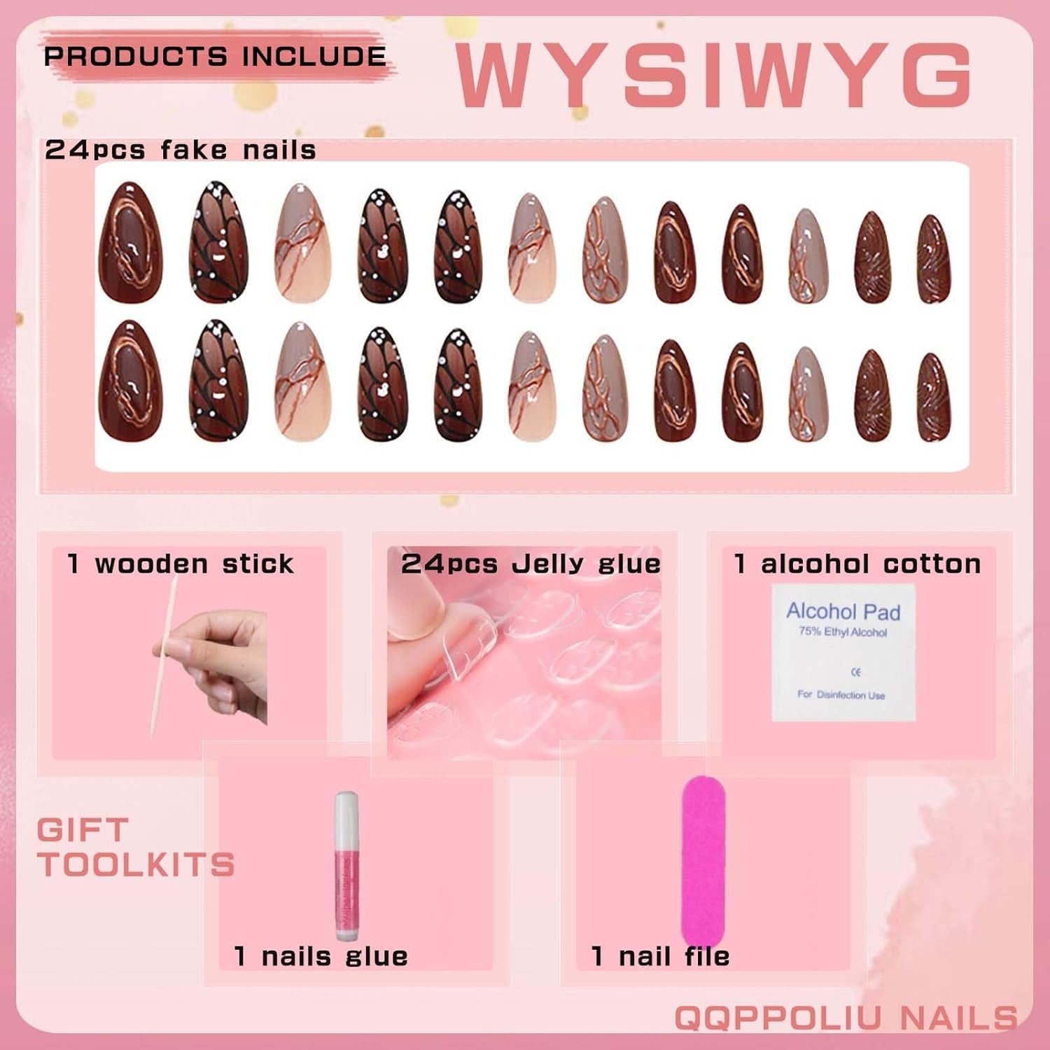 Chic Butterfly Press-On Nails - Medium Almond Brown with Striped Design, 24 Pcs Fall Collection for Women