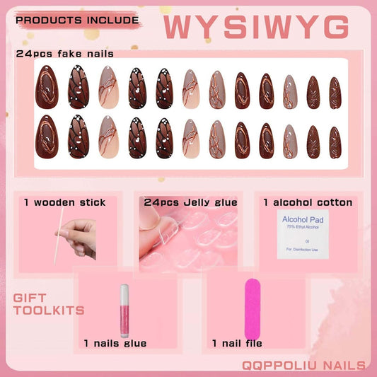 Chic Butterfly Press-On Nails - Medium Almond Brown with Striped Design, 24 Pcs Fall Collection for Women