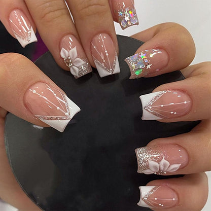 Glamorous White French Tip Press-On Nails with Bling Glitter & Floral Design - Full Cover Gel Glue-On Acrylics for Women & Girls