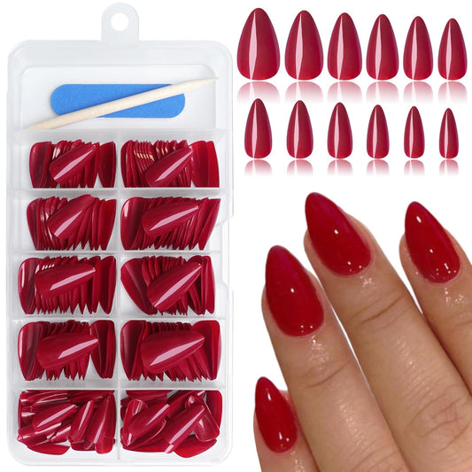240 Pcs Almond Red Press-On Nails - Full Cover Solid Color Acrylic Fake Nails with 5 Sheets Adhesive Tabs for Effortless Glam!
