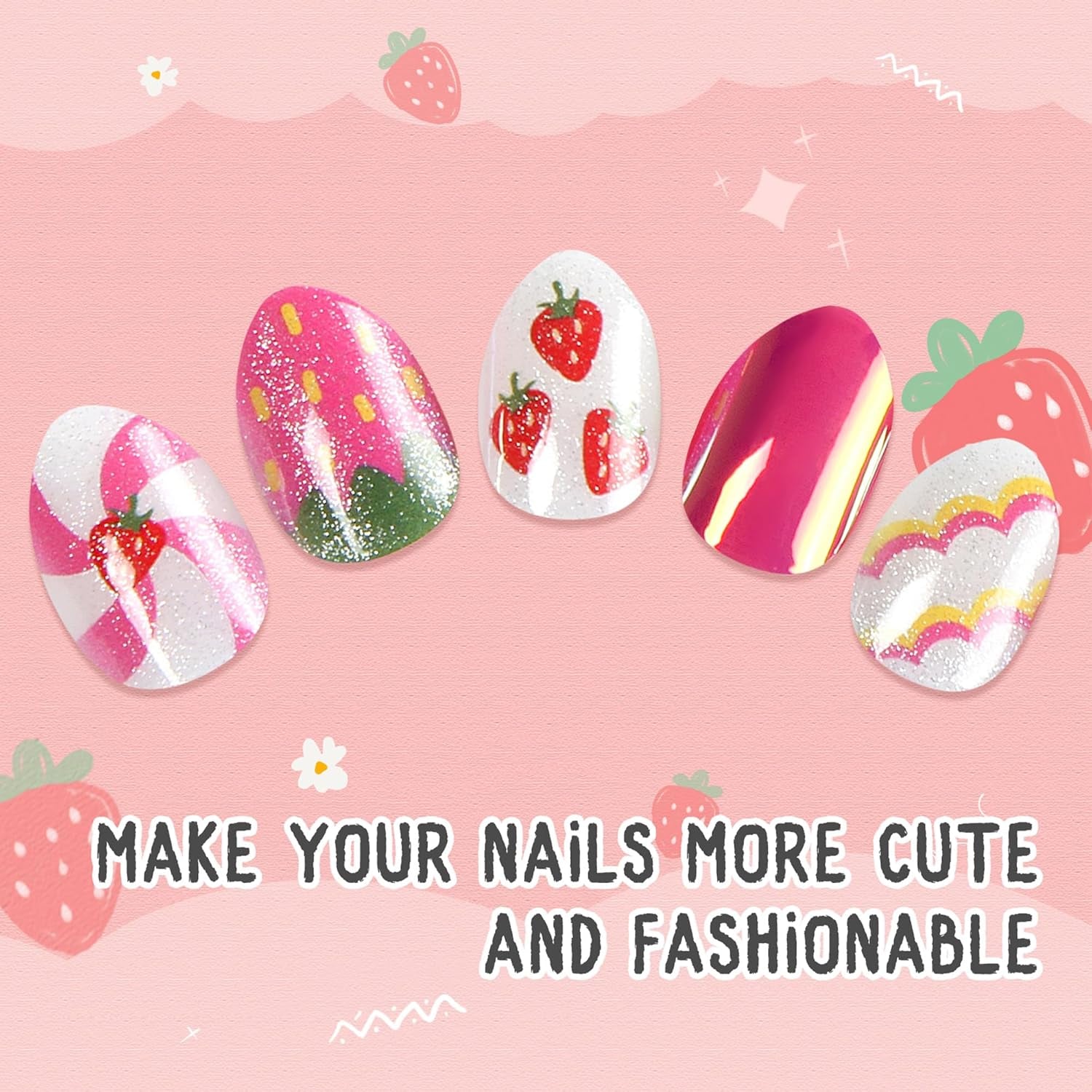 Sweet Strawberry Kids Press-On Nails - Fun Almond-Shaped Fake Nails for Girls - Easy Adhesive Full Cover Short Nail Tips