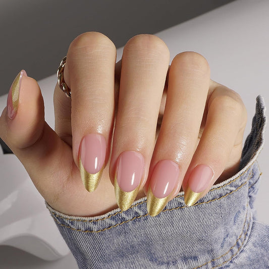 Glamorous Gold Chrome French Tip Press-On Nails - 150 Pcs Medium Almond DIY Gel Nail Tips with Stunning Designs
