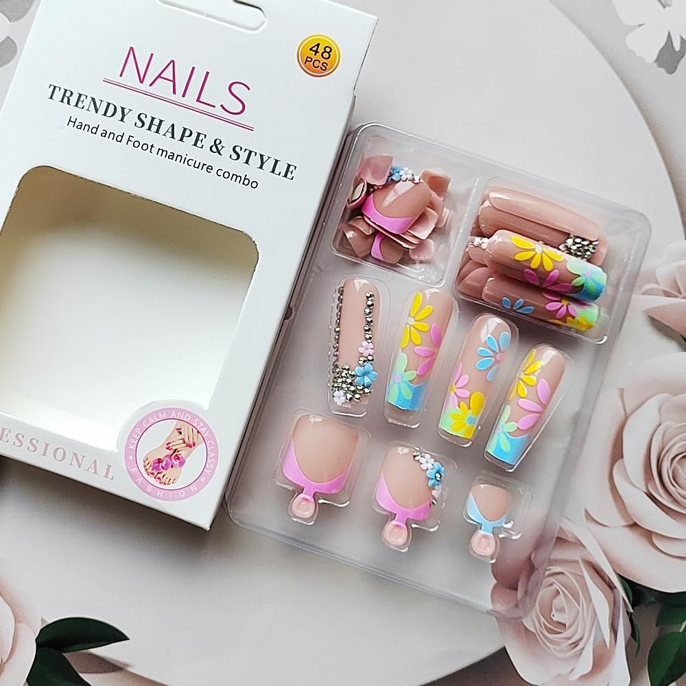 Gorgeous Pink Flower French Press-On Nails & Toenails Set - Full Cover Acrylic Nail Art Kit with Glue for Stunning Manicures and Pedicures