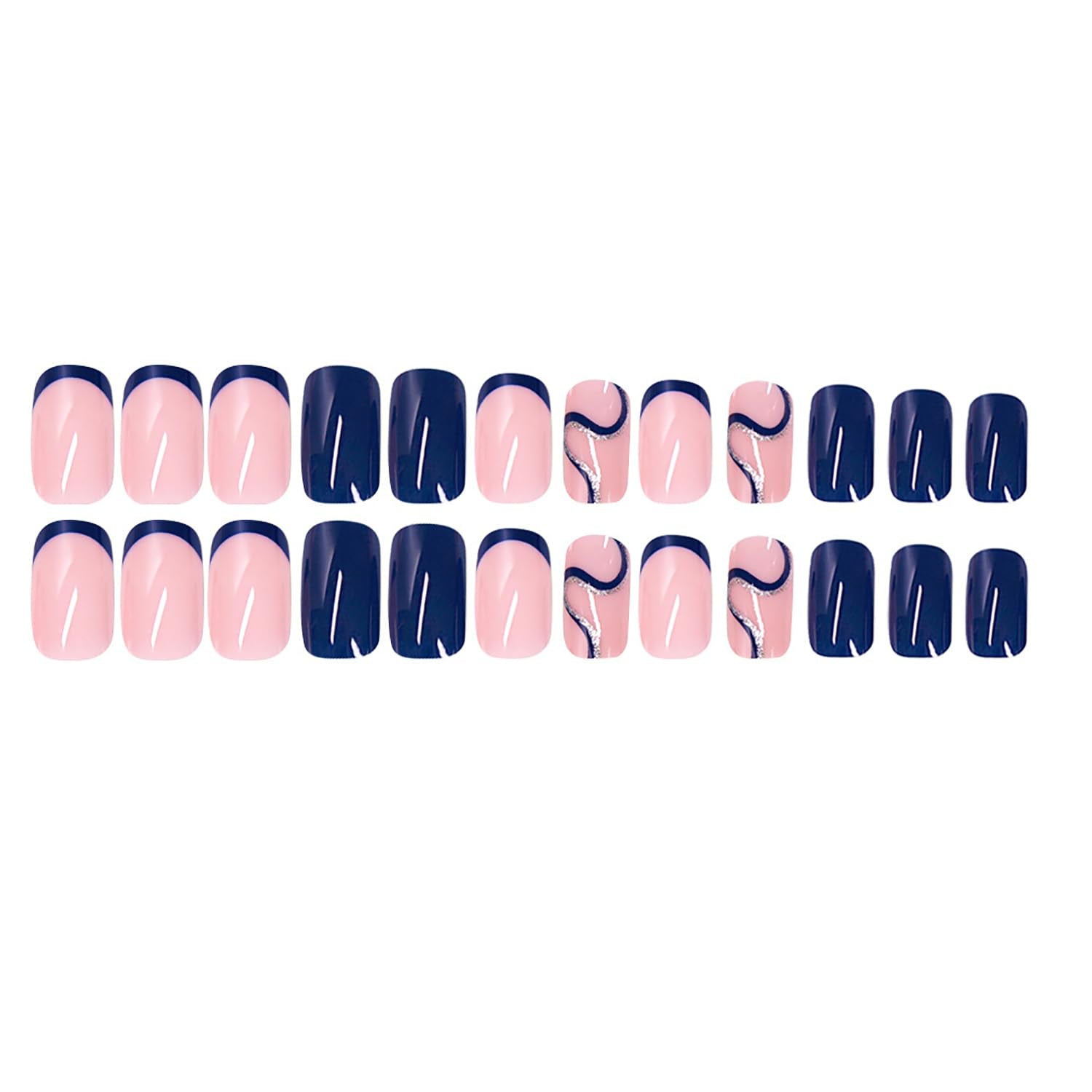 Glamorous Dark Blue French Tip Press-On Nails with Swirl Designs - 24 Pcs Full Cover Glitter Glossy Acrylic Manicure for Women & Girls