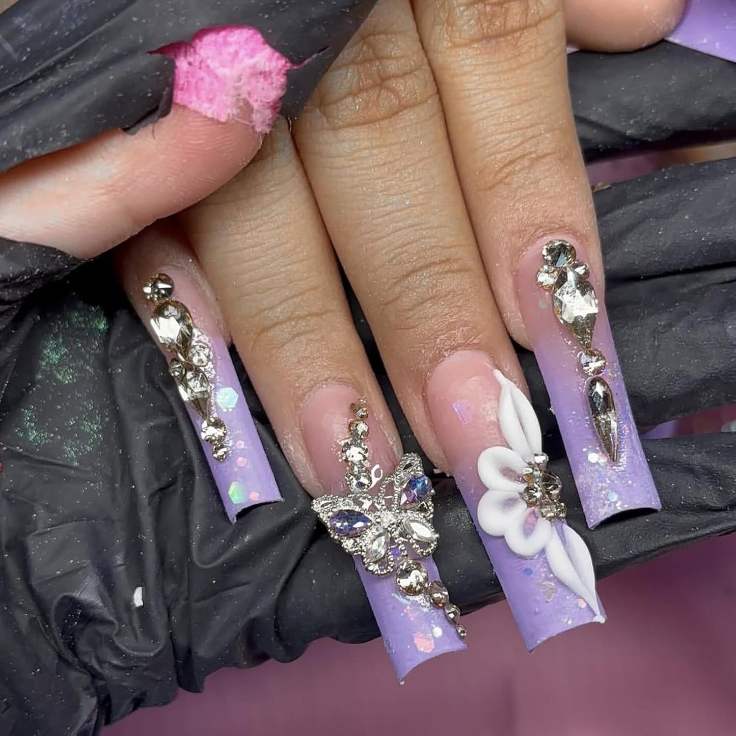 Glamorous Purple Gradient Press-On Nails with Butterfly Rhinestone Designs - Long Square Full Cover Acrylic Nail Kit for a Stunning Summer Look