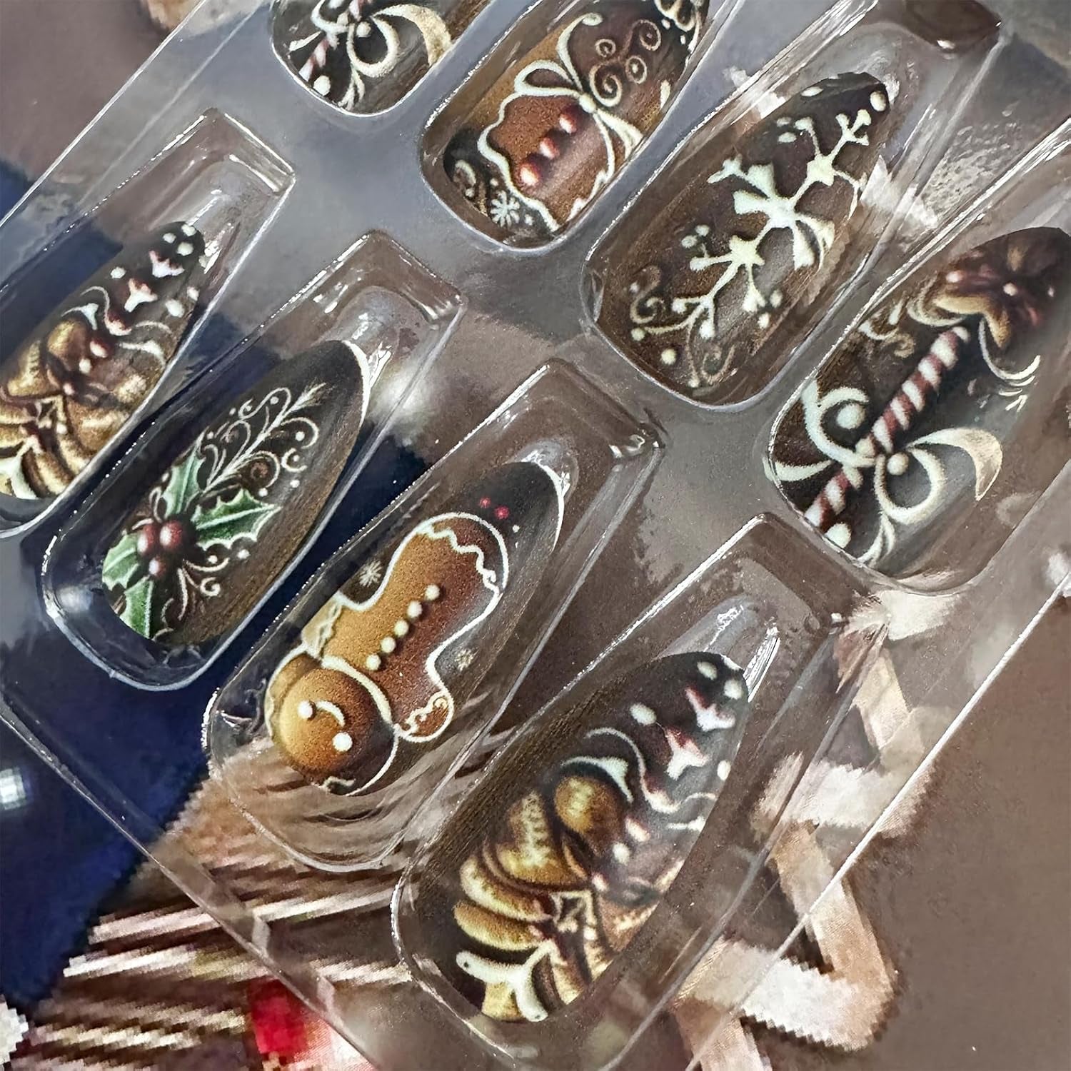 Festive Gingerbread Man Press-On Nails - Medium Almond Shape, Colorful Xmas Snowflake Designs, 24 Pcs Full Cover Acrylics for Women & Girls