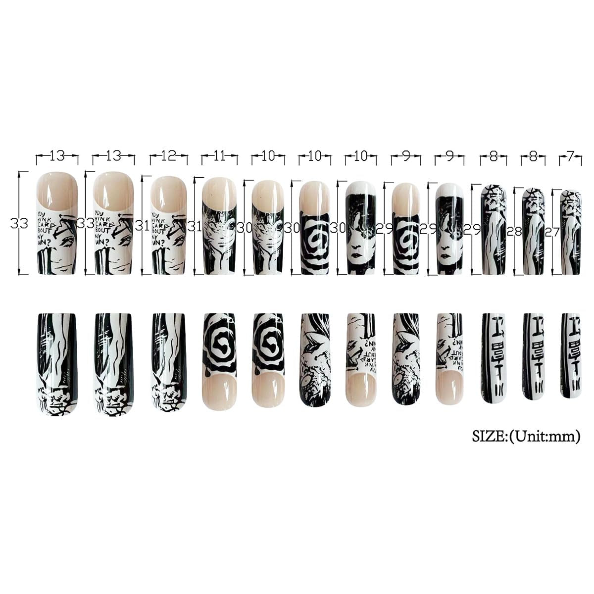 24Pcs Punk Cartoon Anime Design Square French Tip Press-On Nails - Long Black & White Coffin Full Cover Fake Nails for Stylish Manicure Decor