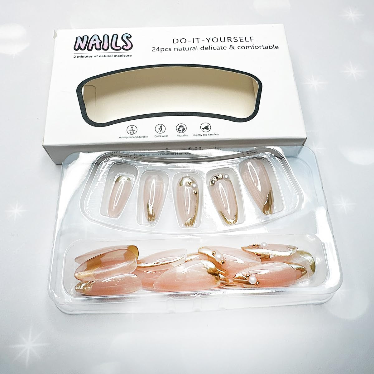 Glamorous 24Pcs Medium Almond French Tip Press-On Nails with Pearls & Rhinestones - Glossy Full Cover False Nails for Stunning Nail Art