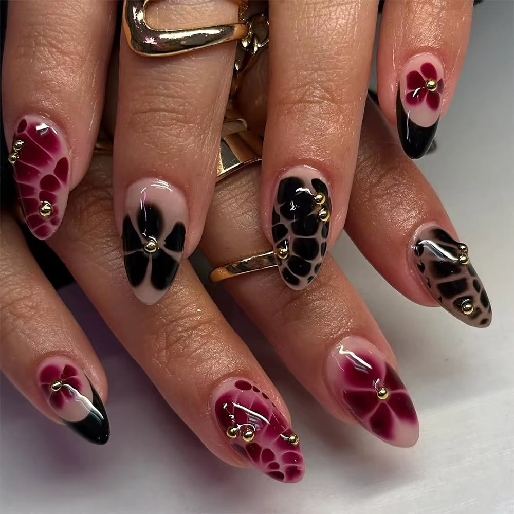 24Pcs Deep Red Baroque Starry Press-On Almond Nails - Stylish & Wearable Fake Nails for Women