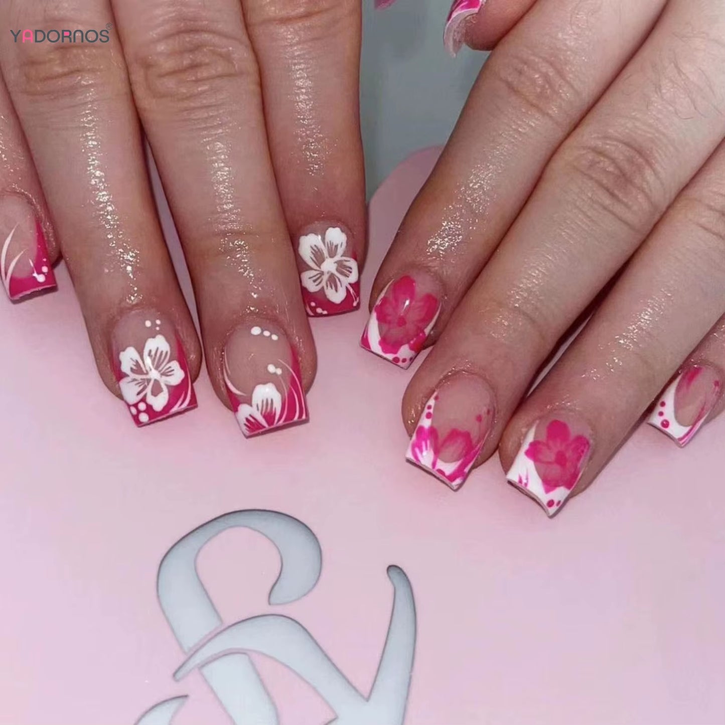 24Pcs Elegant Fairy White Flower Press-On Nails with Pink French Tips - Short Square Design for Effortless DIY Manicure