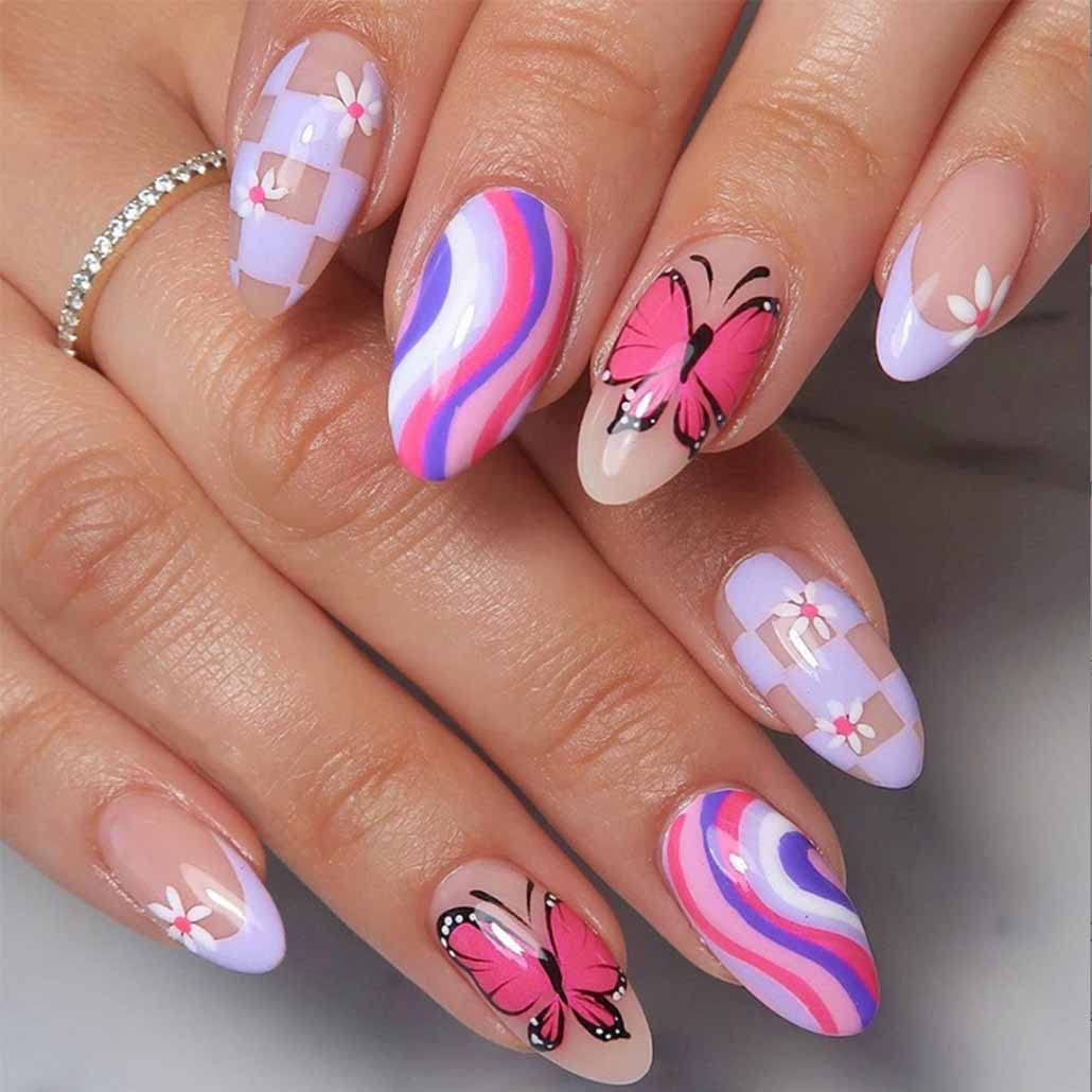 Gorgeous Butterfly Press-On Nails - Medium Almond Shape, 24 Pcs Pink Acrylic False Nails for Women and Girls