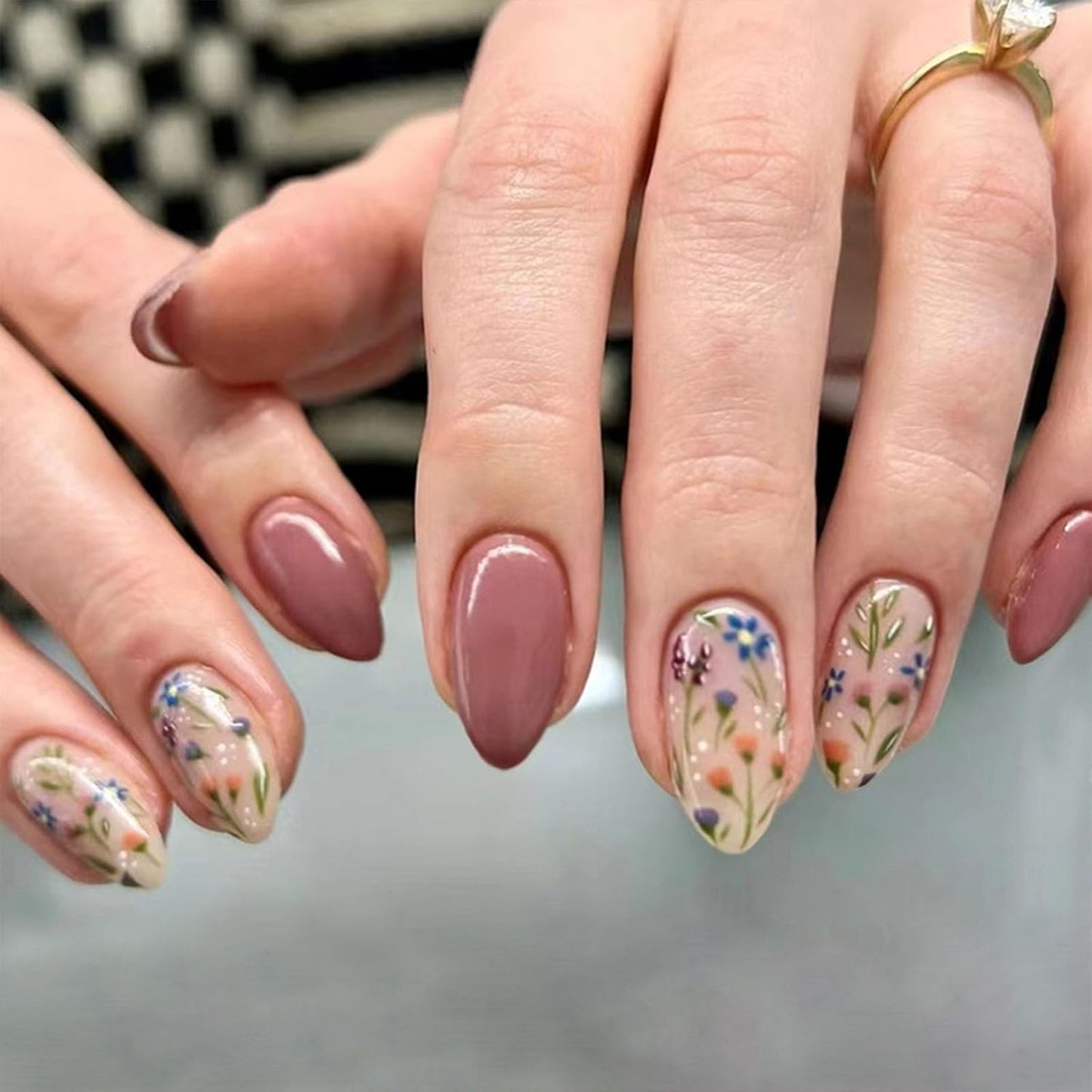 Autumn Floral Press-On Nails - Short Almond Shape, 30 Pcs Brown Full Cover Acrylic Stick-Ons for Women & Girls