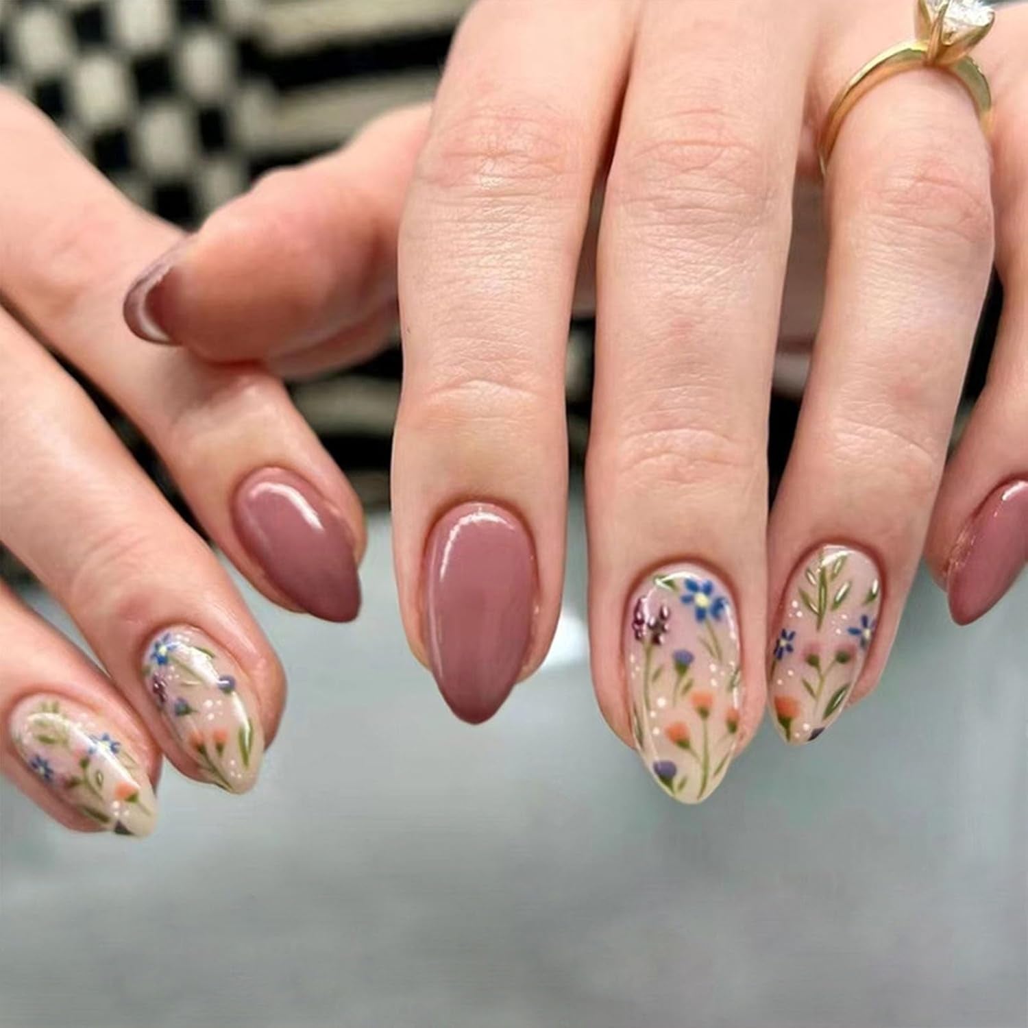 Autumn Floral Press-On Nails - Short Almond Shape, 30 Pcs Brown Full Cover Acrylic Stick-Ons for Women & Girls