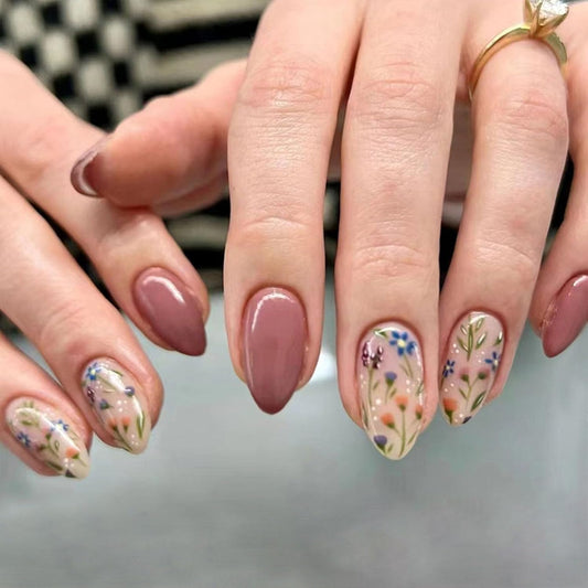 Autumn Floral Press-On Nails - Short Almond Shape, 30 Pcs Brown Full Cover Acrylic Stick-Ons for Women & Girls