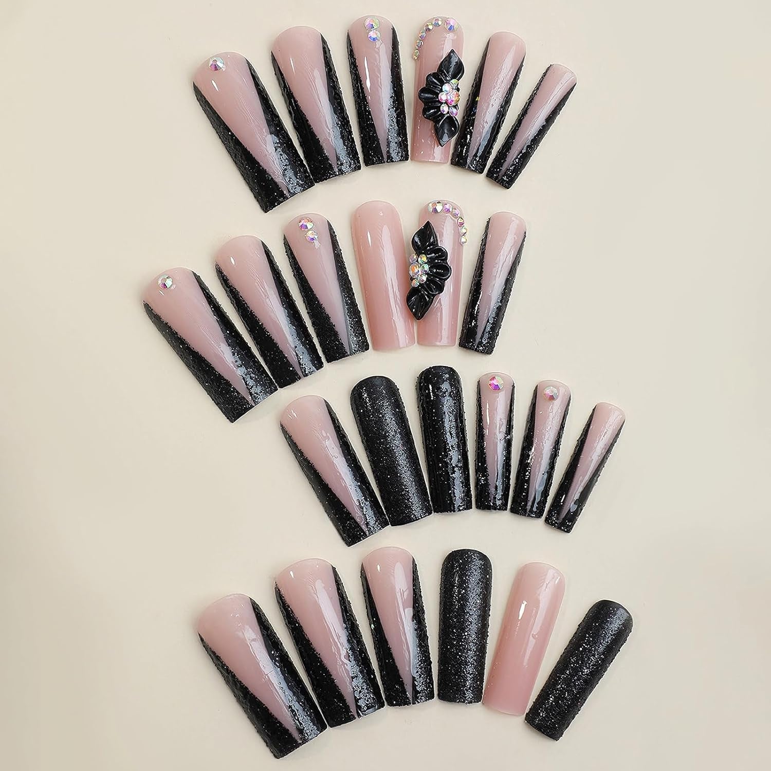 Glamorous Long Square Press-On Nails with Black French Tips & Floral Rhinestone Accents - 24 Pcs Set