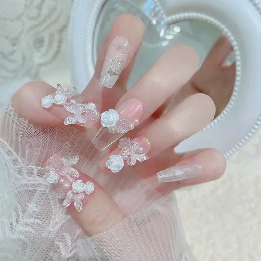 Luxury 24Pcs Butterfly Flower Press-On Nails with Rhinestones - Removable Full Cover Acrylic Fake Nails with Glue