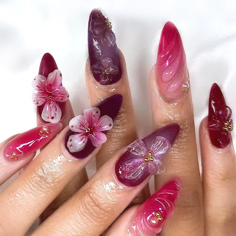 24Pcs Deep Red Baroque Starry Press-On Almond Nails - Stylish & Wearable Fake Nails for Women