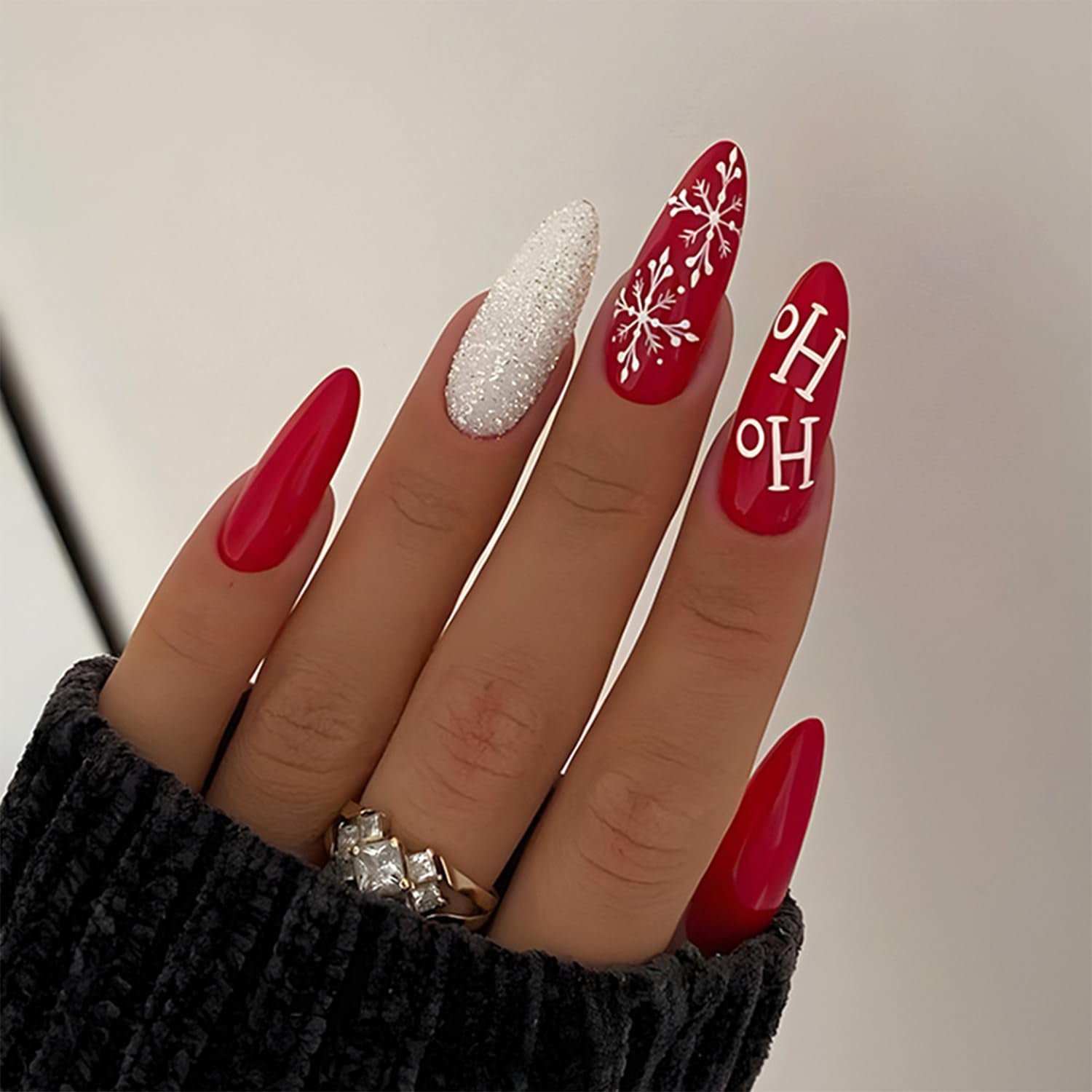 Festive Winter Wonderland Press-On Nails - Long Almond Shape with White Snowflakes & Red Accents - Reusable Acrylic Stick-On Nails for a Stunning Christmas Manicure!