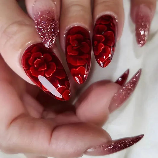 Glamorous 24Pcs Red Floral Almond Press-On Nails - Mid-Length Glitter Full Cover Tips