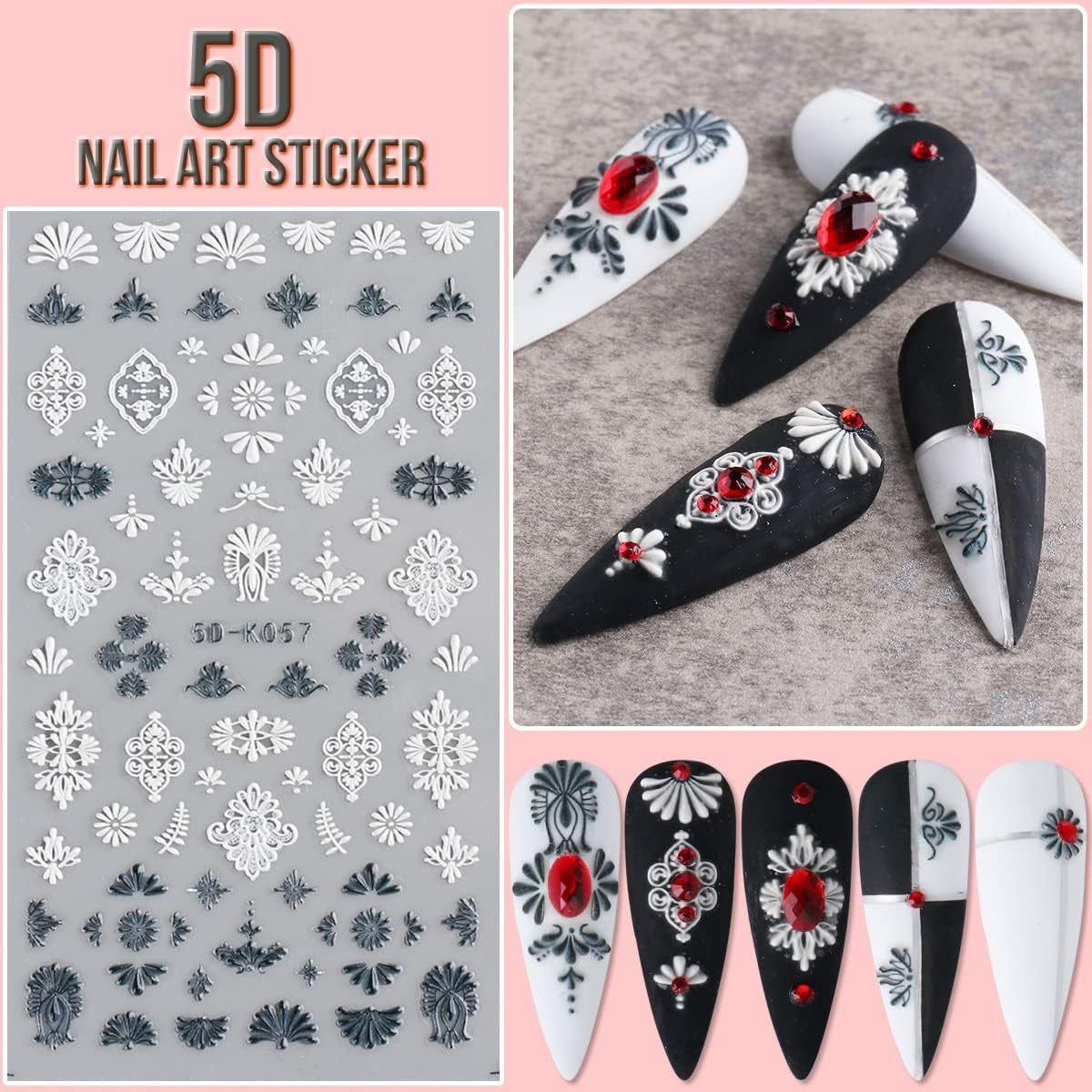 5D Flower Nail Art Sticker Decals Hollow Exquisite Pattern Nail Art Supplies Self-Adhesive Luxurious DIY Nail Art Decoration White Lace Flower Leaf Carving Design